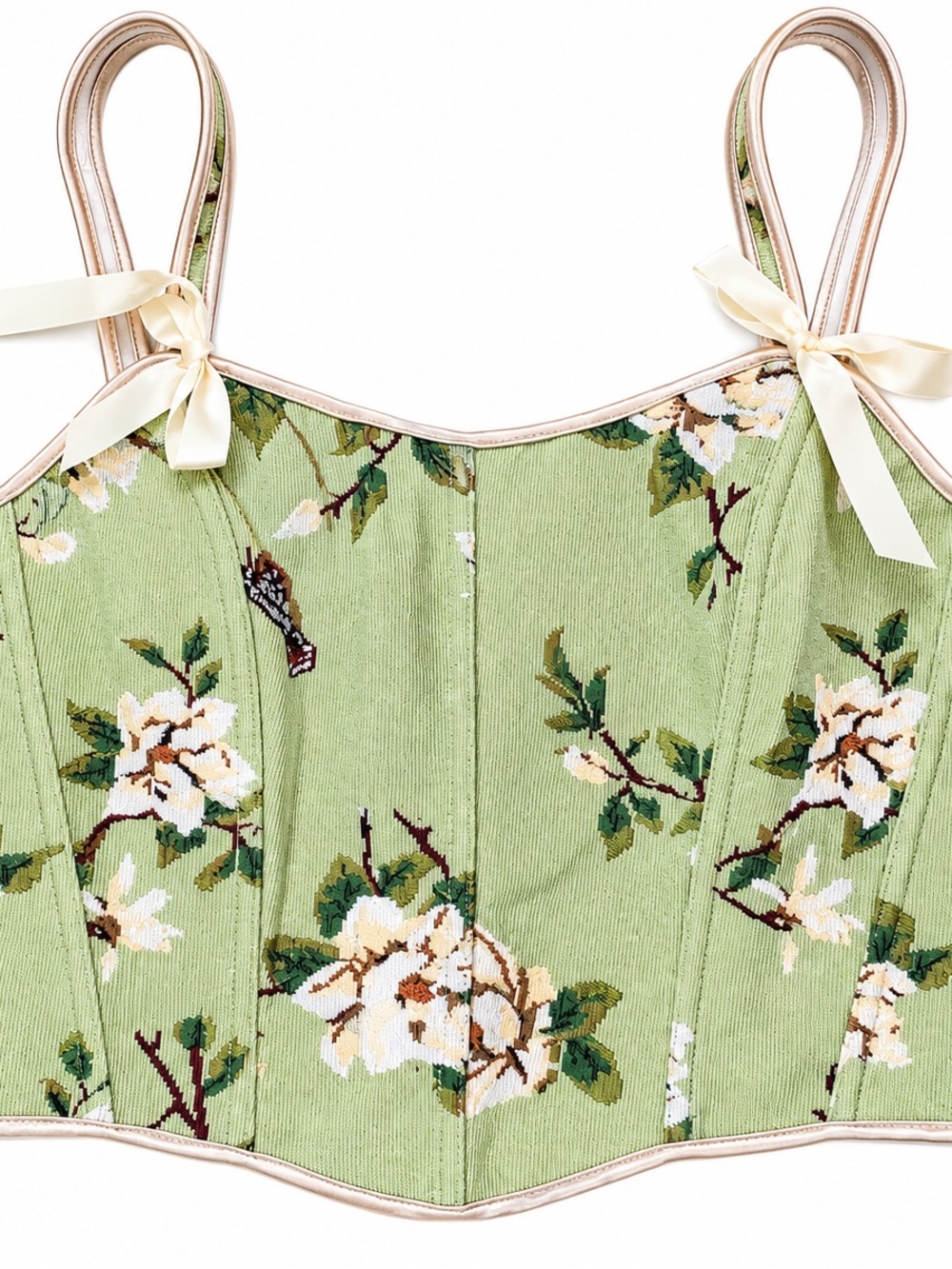 Sage Green Floral Butterfly Lace-Up Corset Top XL